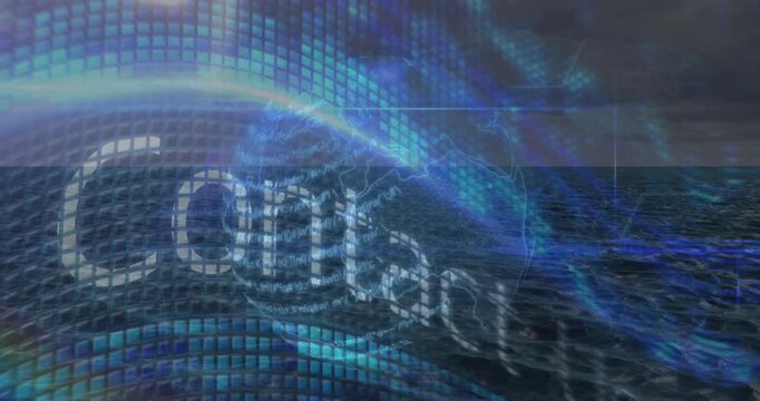 Animation of globe, digital text, network of connections and data processing