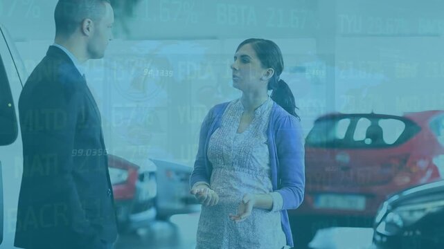 Animation of financial data processing over business people in car dealer shop