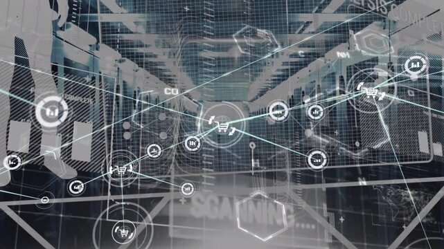 Animation of network of connections with icons and data processing over server room