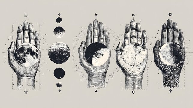 Intricate hand illustrations cradling mystical lunar moon phases in a detailed artistic composition reflecting celestial cycles through sketch style graphics on a soft neutral background