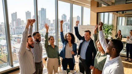Fototapeta premium Ecstatic corporate team raising their arms in collective celebration inside a sun-drenched modern office, faces lit with genuine joy and pride, business casual attire ranging from blazers to smart