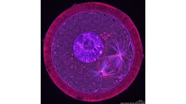 High-magnification fluorescence microscopy image of a mammalian oocyte stained in rich violet and fuchsia revealing distinct zona pellucida membrane and prominent germinal vesicle nucleus, fine