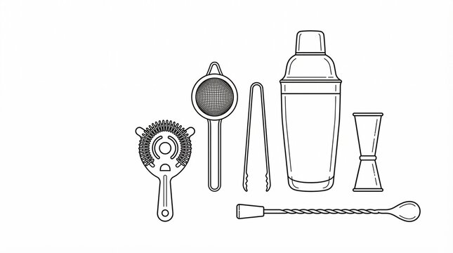 Minimalist cocktail shaker set illustration, professional bartender tools line art, black and white barware equipment collection for mixology menus