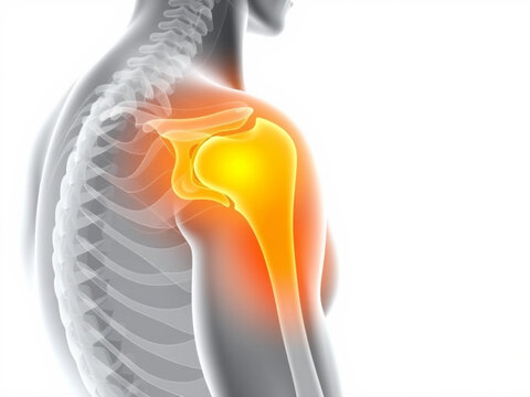 A medical illustration of a human shoulder with a highlighted painful area