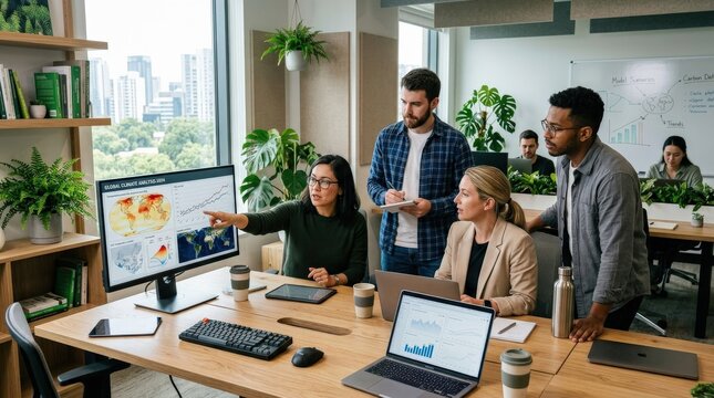 Team analyzing climate data on computer in office, collaborative environment and modern tech setup, sustainable business theme, shot on Canon EOS R6, no logos, no branding, no trademarks\