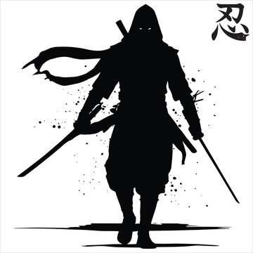 Ninja assassin silhouette walking with dual katanas and with ink splatter effect Vector illustration.