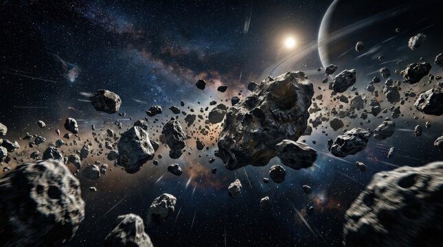 Chaotic asteroid field in outer space, rocks of varying sizes rushing through a dark stellar environment, faint streaks of light emphasizing motion, layered depth and danger, photorealistic cosmic