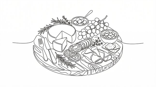 Continuous line drawing of charcuterie board, minimalist cheese platter with grapes and salami, elegant appetizer grazing board illustration