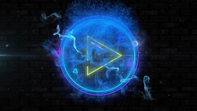 Animation of neon red play button icon and blue digital wave against brick wall background