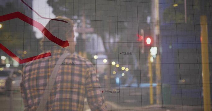 Animation of red lines and financial data processing over caucasian businessman with bike