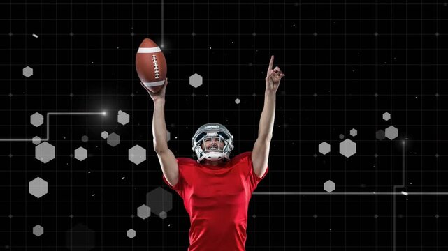 Animation of caucasian male rugby player celebrating against hexagonal shapes and light trails