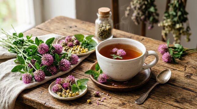 Phytotherapy herbs and fresh red clover tea in white cup resting on rustic wooden table, appetizing editorial food photography, herbal tea, white cup, teacup, medicinal herbs, herbal medicine,