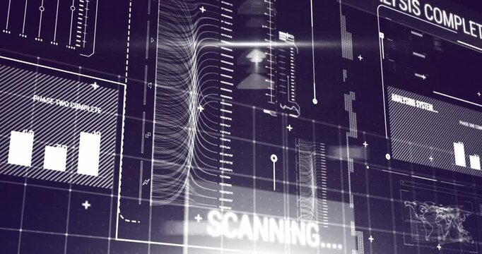 Animation of interface with data processing against purple background