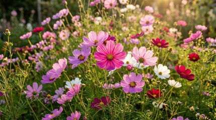 Fototapeta premium Lush garden scene filled with vibrant cosmos flowers in shades of pink, purple, soft white, and crimson blossoms, golden afternoon sunlight streaming across the petals creating warm highlights,