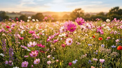 Fototapeta premium Romantic golden light scene of beautiful cosmos flowers blooming in an open field, vibrant pink and white blossoms swaying gently against a soft-focus green and blue background, warm afternoon