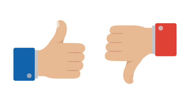 Two hands thumbs up and thumbs down, like dislike gestures, feedback concept, approval rejection signs, human hand symbols, vector illustration