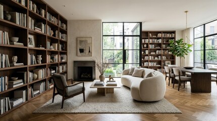 Fototapeta premium polished luxury living room interior mockup, bookcase walls, a sculpted sofa, accent chair, fireplace, broad windows, parquet flooring and a seamless dining area, balanced decor and clean residential