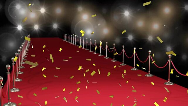 Animation of floating confetti over red carpet on black background