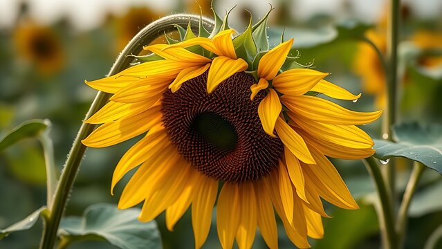 laurate. Sunflower drooping after a storm with rain droplets on its petals. gardening catalogs, home-decor guides, designed for home decor and floral branding, celebrates nature.