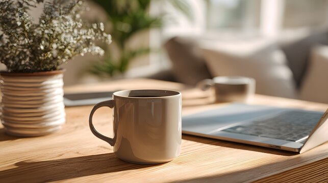 A ceramic mug filled with dark coffee sits on a light wooden table next to a slim silver laptop during a bright sunny morning break