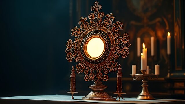 monstrance. Ornate gold and jeweled monstrance on altar, glowing from candlelight. event programs, museum guides, designed for cultural heritage projects and event programs.