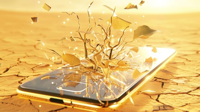 A cell phone is shattered on the ground, with its screen reflecting the sun. Concept of destruction and loss, as the phone is no longer functional