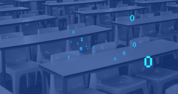 Animation of binary coding data processing over desks and blue background