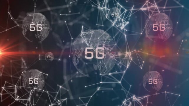 5G network connectivity animation over digital world map with glowing nodes