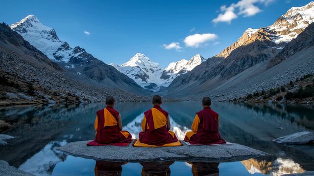 Three figures in robes meditate near a reflective lake, surrounded by mountains