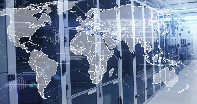 Startup server racks showing North America outline expanding into map hex nodes pulsing data flow