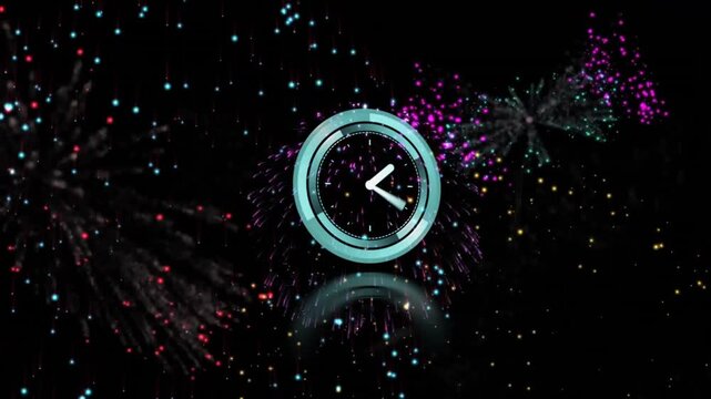 spark trails rising clock ring rotating while fireworks bursting hand ticking marking time