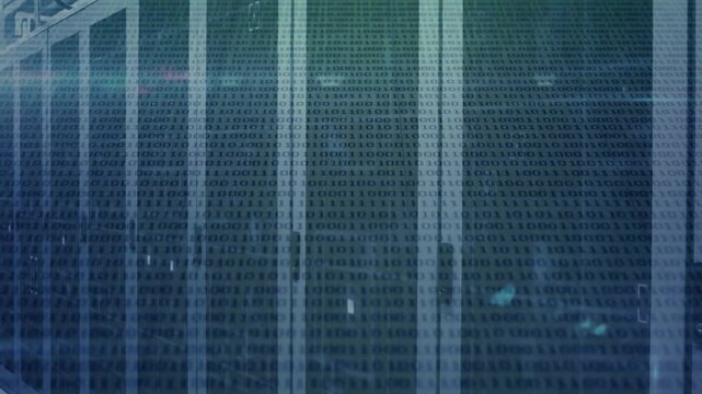 Upon system boot servers streaming binary overlay with lens flare scanning target showing data flow