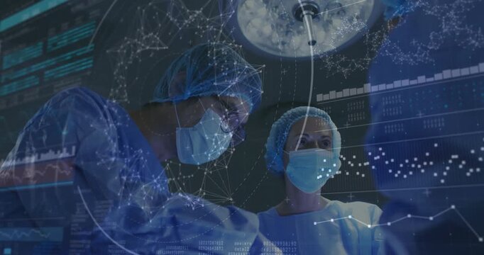 Surgeon duo making incision upon network overlay showing vitals guiding medical teamwork