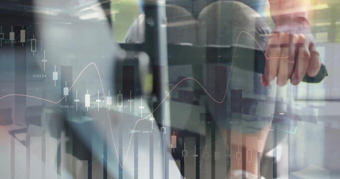woman pushing footrests to start rowing while animated bars and line graphs tracking fitness data
