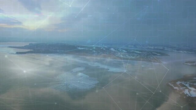 Sunrise peeking starting camera gliding over islands, grid mesh forming nodes, mapping terrain