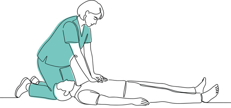 Female Medical Professional Performing Emergency CPR Resuscitation On Unconscious Man In Minimalist Single Continuous Line Art Style