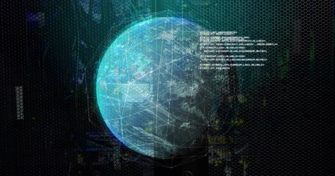 Holographic earth appearing on UI, rotating, data overlay expanding then receding for network view