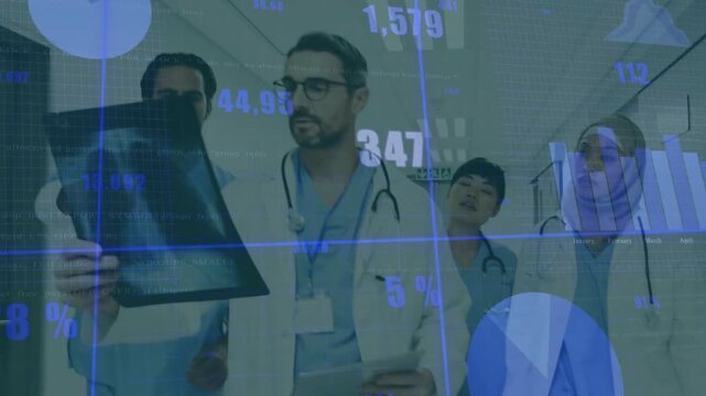 Lead physician reading medical data on tablet initiating doctors examining X-ray walking corridor
