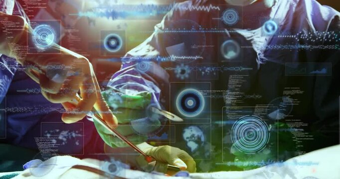 Female surgeon holding scalpel triggers digital HUD guiding precise implant placement in healthcare