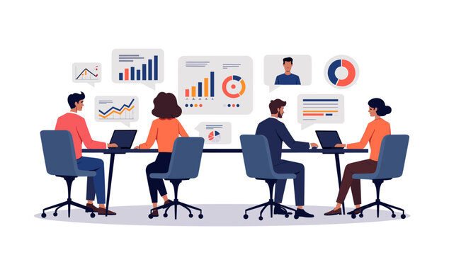 An illustration of a man sitting at a desk looking at a chart on a screen, conveying a sense of professionalism and analysis.