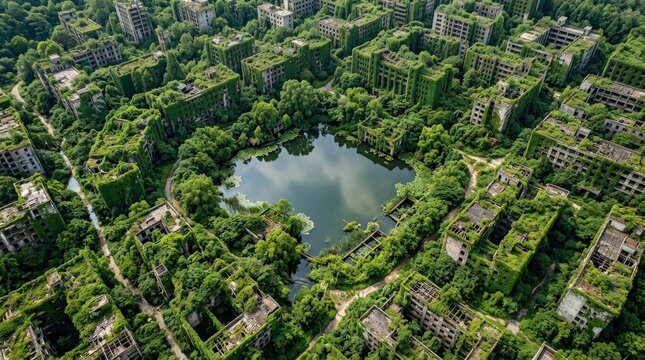 Top down view of abandoned city buildings completely overgrown with green vines and trees. Nature reclaims lost civilization, creating a pond in the center. Rural decay, urban jungle, ruin, abandoned,