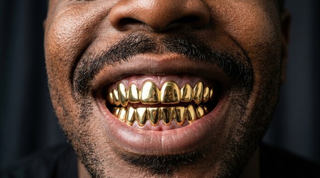 Man revealing a full set of gold teeth grillz, shiny metallic caps covering upper and lower teeth, dark mustache visible, bold luxury fashion statement, close-up mouth detail, extravagant status