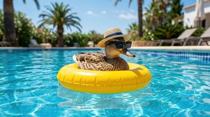 Obraz premium Cute duck wearing sunglasses and a straw hat while floating in a yellow inflatable ring in a bright blue swimming pool, playful summer vacation mood, whimsical animal scene, photorealistic outdoor
