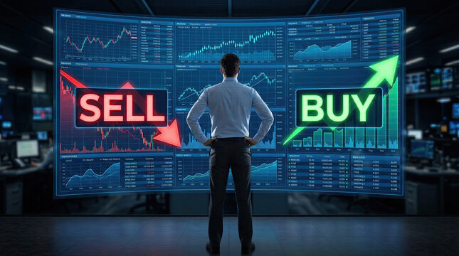 Man standing in front of large screen displaying stock market data with sell and buy signals