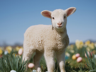 Obraz premium A fluffy white lamb stands in a vast field of yellow flowers and scattered pastel Easter eggs under a clear blue sky.