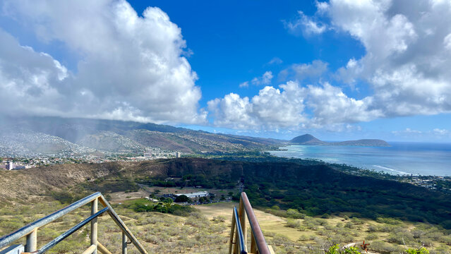 The viewpoint overlooks the Diamond Head State Monument volcanic crater in Honolulu, Hawaii