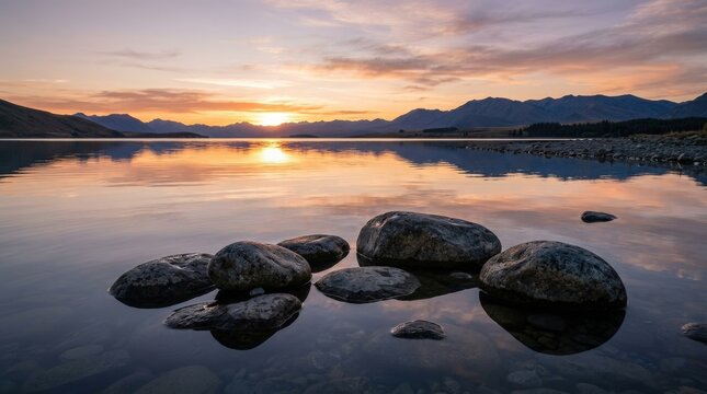 Stones resting in a lake at sunset with soft reflexes and calm water, spiritual stillness and meditative simplicity rendered in a serene balanced composition, photorealistic nature photography,