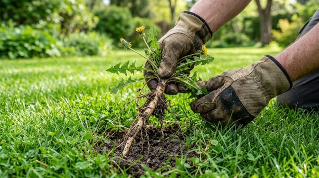Gloved hands pulling a dandelion weed with roots from a green lawn, gardener removing an unwanted plant from moist soil, practical yard work and lawn care process, fresh outdoor detail, earthy