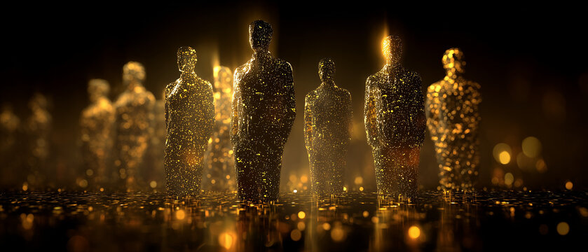 Abstract figures made of glowing particles standing in dark space  