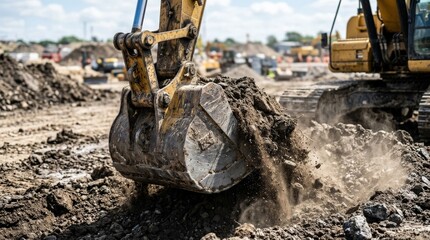 Fototapeta premium Close-up of an excavator bucket working with soil on a construction site, earth moving under heavy machinery, dust, metal surfaces and active engineering energy, photorealistic industrial action shot,